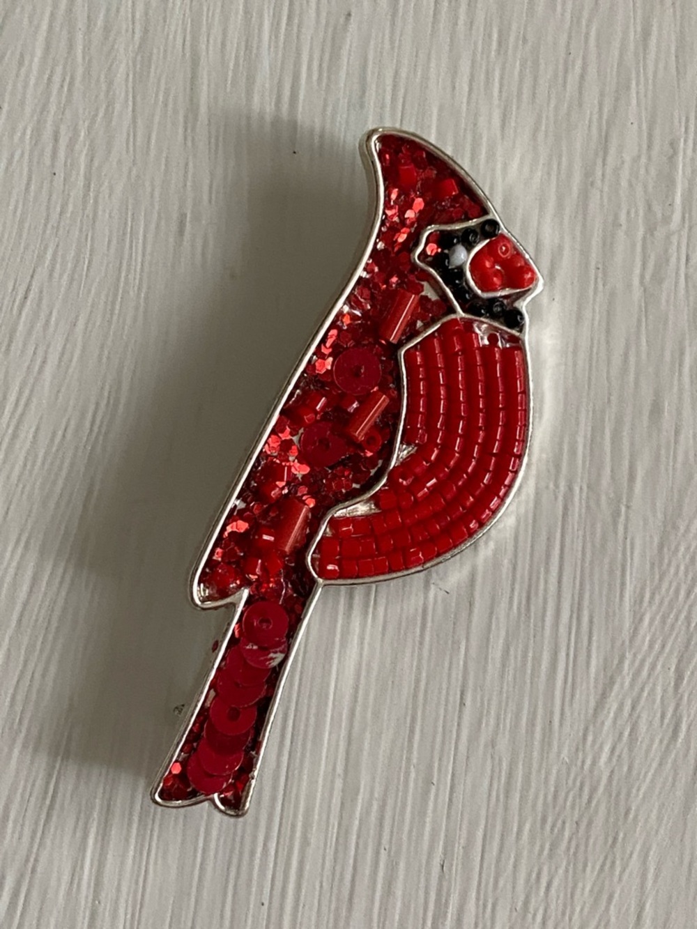 Red Cardinal Silver Tone Sequin & Beaded Bird Pin Brooch